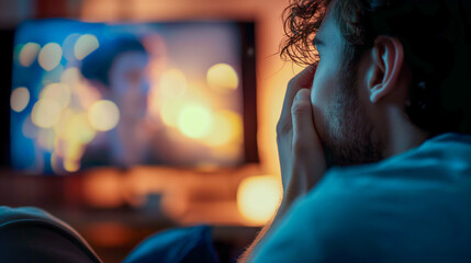 Man watching a tv show and crying from the emotional movie - obrazy, fototapety, plakaty