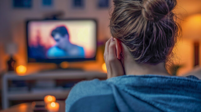 Woman crying from a romantic TV drama show while watching the movie