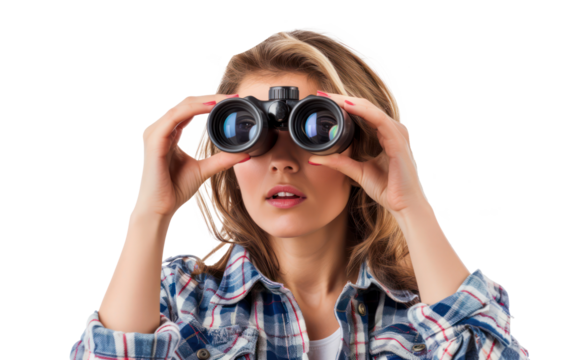 Curious woman looking through binoculars for exploration, cut out - stock png.
