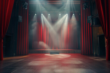Theater stage with red curtains and spotlights. Theatrical scene in the light background - obrazy, fototapety, plakaty