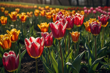 Colorful tulip flowers bloom in the spring  garden. Nature background. Generative AI