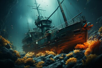 a pirate ship is sunk in the ocean surrounded by coral - obrazy, fototapety, plakaty