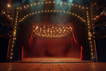 Theater stage with red curtains and spotlights. Theatrical scene in the light background - Powered by Adobe