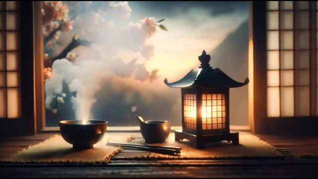 Traditional Japanese lamp and smoking bowl releasing incense in front of an open window overlooking sakura blossoms and branches.