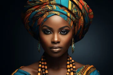 Fototapeten A striking portrait of a Nigerian woman wearing a gele headwrap, her face adorned with tribal markings, exuding confidence and pride in her heritage. © Daria
