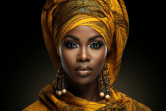 A striking portrait of a Nigerian woman wearing a gele headwrap, her face adorned with tribal markings, exuding confidence and pride in her heritage.