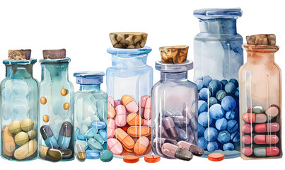 Watercolor style medicine bottles, Generative AI