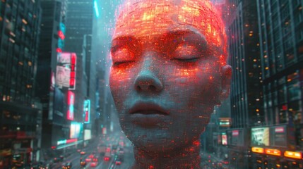 都市風景と巨大なアンドロイド,Generative AI AI画像