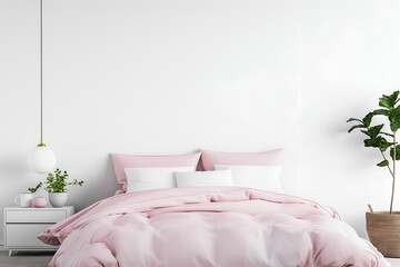 Interior Bedroom, Empty Wall Mockup In White Room With Pink Bed And Green Plants, 3d Render Real Room Template