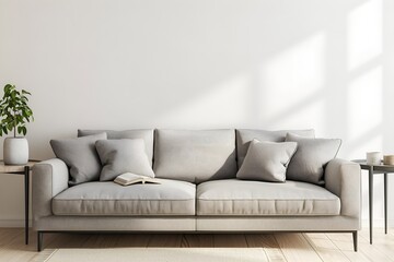 Interior Living Room, Empty Wall Mockup In White Room With Grey Sofa And Green Plants, 3d Render Real Room Template