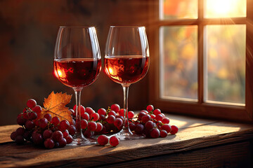 Copas de vino dispuestas de manera elegante, con reflejos de luz natural de ventana