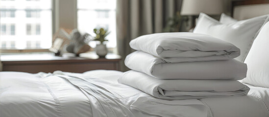 folded set of white bed linen on a white bed in the room