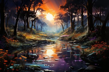 a painting of a river in the middle of a forest at sunset - obrazy, fototapety, plakaty