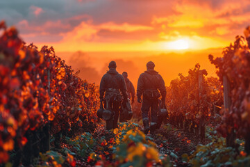 Viñedo en plena cosecha, con trabajadores recolectando uvas bajo un cielo despejado y luminoso 