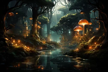  A river flowing through a forest at midnight, with mushrooms and mystical lights © JackDong