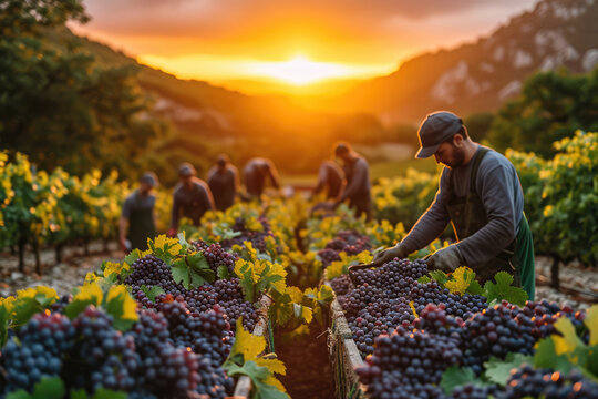 Viñedo en plena cosecha, con trabajadores recolectando uvas bajo un cielo despejado y luminoso 
