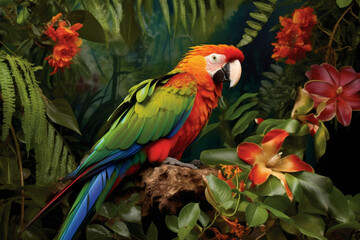 Obraz premium a tropical parrot perched on a branch, its feathers ablaze with vibrant colors
