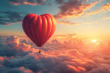 Globo aerostático en forma de corazón ascendiendo hacia el cielo, representando los sueños y aspiraciones - obrazy, fototapety, plakaty