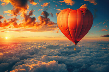 Globo aerostático en forma de corazón ascendiendo hacia el cielo, representando los sueños y aspiraciones