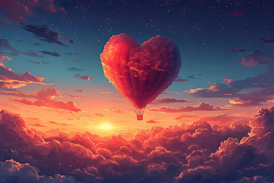 Globo aerostático en forma de corazón ascendiendo hacia el cielo, representando los sueños y aspiraciones