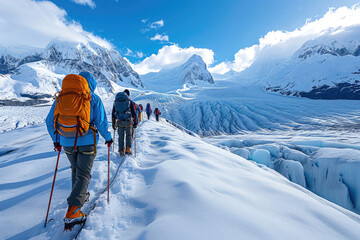 Fototapeta na wymiar Imagen de aventureros explorando glaciares de manera sostenible, promoviendo el turismo de aventura responsable
