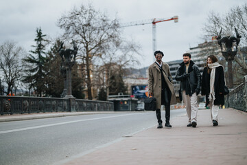 Multiethnic business associates engaging in a conversation while walking along a city sidewalk, representing collaboration and teamwork in a metropolitan setting.