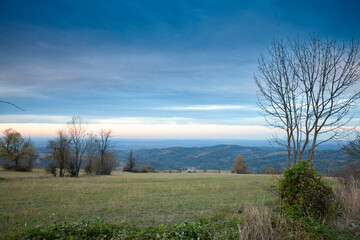Obraz premium Panorama of the top and summit of Vrh Rajac moutain at dusk in autumn. Rajac is a mountain of Sumadija in Serbia, part of the dinaric alps, a major serbian natural touristic destination.