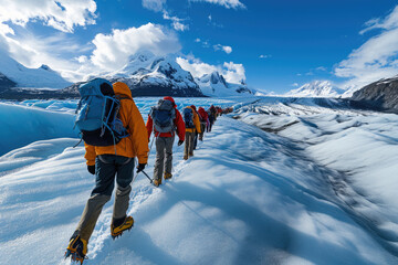 Imagen de aventureros explorando glaciares de manera sostenible, promoviendo el turismo de aventura responsable - obrazy, fototapety, plakaty