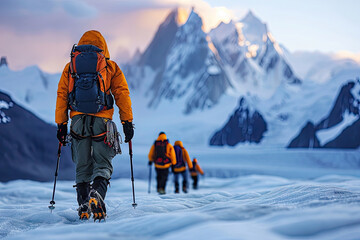 Imagen de aventureros explorando glaciares de manera sostenible, promoviendo el turismo de aventura responsable - obrazy, fototapety, plakaty
