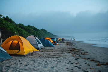 Imagen de campistas disfrutando de una acampada respetuosa en la playa, resaltando la importancia del turismo responsable