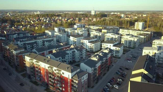 Aerial view of Swedish apartment buildings in Linkoping residential area. Family condos housing development in Sweden city