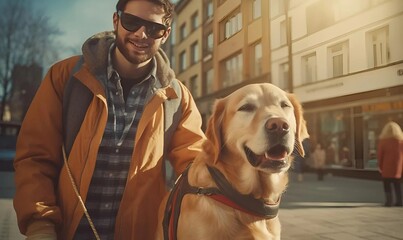 close up realistic 4k photo guide dog helping blind man in the city. handsome blind guy have rest with golden retriever in the city