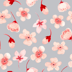 Watercolor hand drawn pink sakura flower seamless pattern on light gray background