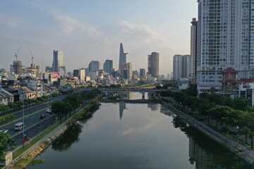 Ho chi minh City, Vietnam - Feb 21, 2024 aerial view of  Sai Gon CBD skyline look from district 4 during early morning