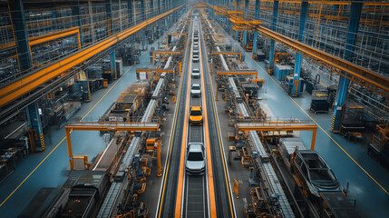 Fototapeta premium Overhead view of a streamlined car assembly line inside a contemporary vehicle factory, showcasing automation in automotive manufacturing.