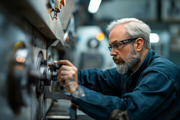 Fototapeta na wymiar A focused machinist with gray hair meticulously adjusts machinery in an industrial setting, showcasing precision and expertise amidst the soft glow of workshop lights.