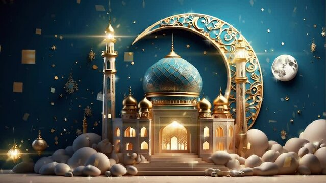 Islamic design concept with 3D style elements of the moon and mosque for Ramadan Karim or Eid greeting banners. Seamless looping 4K video animation background.