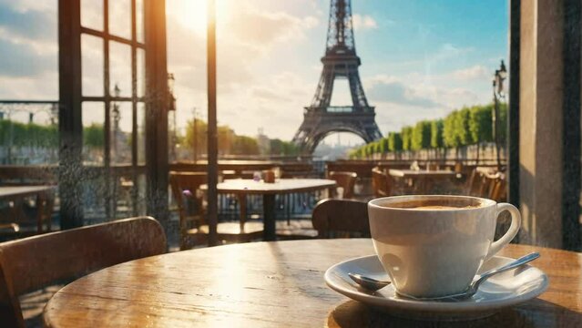 view of a cup of coffee in a roadside cafe with the Eiffel Tower in the background, seamless looping 4k video animation background.