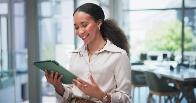 Business, happy and woman with tablet, typing and connection with creative agency or reading a blog. Person, web design or agent with tech news or research with digital app or social media with email