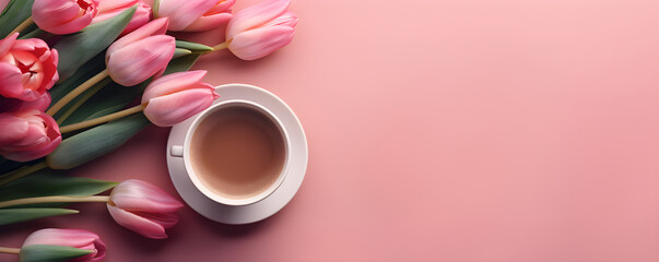 Fototapeta na wymiar Morning coffee cup with bouquet of pink tulips on light red background. Hot drink with spring flowers. Romantic breakfast for Women's or Valentine day. Flat lay, top view with copy space