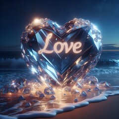 A large transparent crystal heart on the sand of a night beach named Love.
 - obrazy, fototapety, plakaty