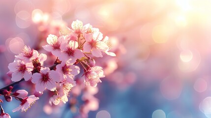 An Illustration of Pink Blossoms Blooming Against the Sunrise Sky, Embracing the Beauty of Spring. Made with Generative AI Technology