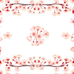 Watercolor hand drawn pink sakura flower branch seamless pattern isolated on white