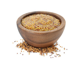 Fresh whole grain mustard in bowl and dry seeds isolated on white