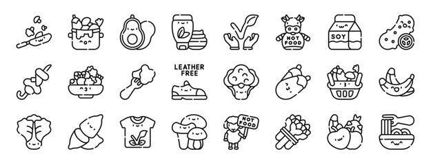 set of 24 outline web world vegetarian day icons such as food, vegetables, avocado, cosmetics, vegetarianism, cow, soy milk vector icons for report, presentation, diagram, web design, mobile app