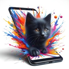 Black kitten coming out of the screen of a smartphone.
