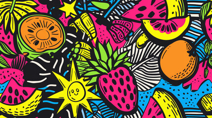 Naklejka premium Vibrant tropical pattern with bold flowers and fruits illustration, ideal for summer fashion, beachwear, and festive textile design.