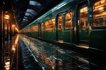 carriages of a modern train on a platform in a stadium at night. - obrazy, fototapety, plakaty