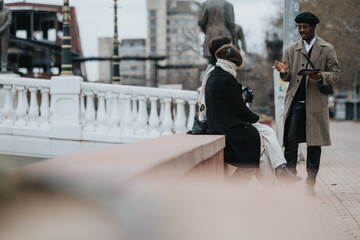 Obraz premium A group of young business people engaged in a productive meeting outside in an urban setting, showcasing remote working and collaboration.