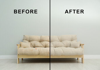 Sofa before and after dry-cleaning near grey wall indoors, collage